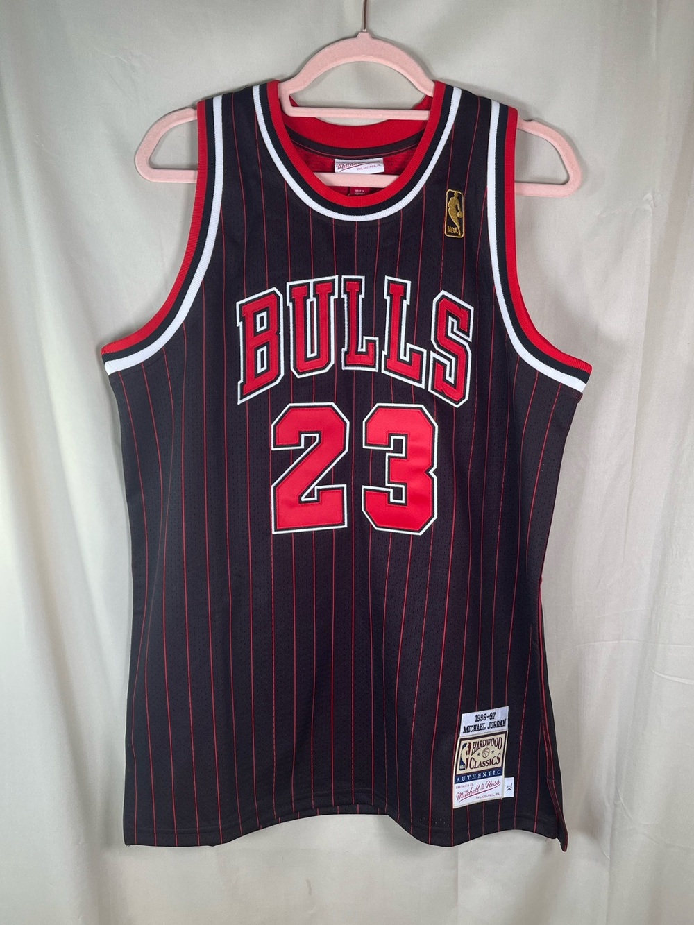 Chicago Bulls Michael Jordan #23 Black & Red Pinstriped NBA Jersey